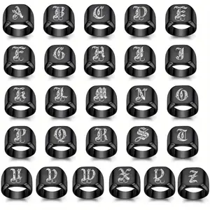 Retro Fashion Hip-hop Style 26 Uppercase A-Z Letters Black Square Stainless Steel Men's Ring Suitable for Daily Wear Accessories