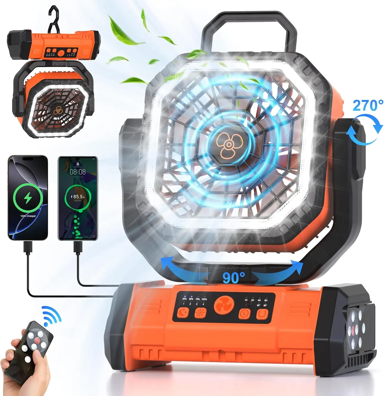 30000mAh Camping Fan with LED Light & Remote Control | Auto-Oscillating 270° Portable Power Bank Desk Fan with Hook & Timer | USB Rechargeable 4-Speed Battery Operated Outdoor Tent Fan for Camping, Travel, Beach, Emergency, Patio, Fishing & Mobile Use
