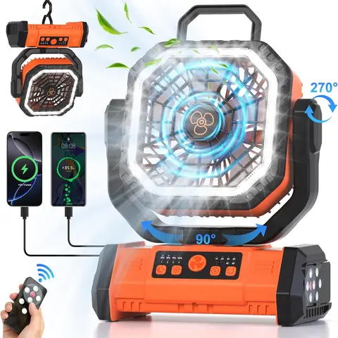 30000mAh Rechargeable Portable Camping Fan, 4-Speed Battery Operated Fan with LED Light, Remote Control, 270° Auto-Oscillating, USB Power Bank, Hanging Hook & Timer, Portable Emergency Fan for Camping, Home, RV, Travel & Power Outages
