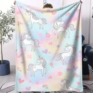 Dreamy unicorn-themed printed blanket,Flannel blanket,with soft and refreshing colors,Cute and adorable,Comfortable and soft,Warm and anti-pilling,Perfect for home, travel, and leisure use.