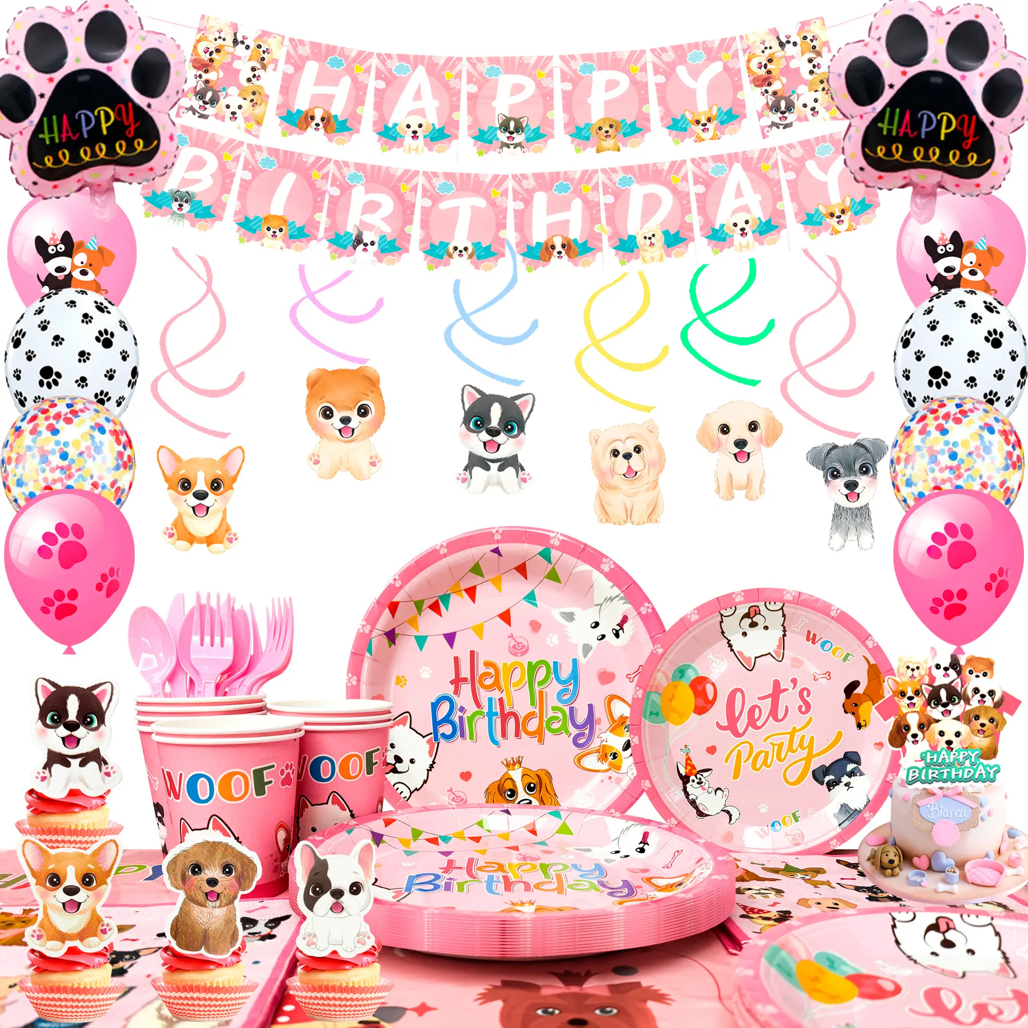 Puppy Birthday Decorations, 161 pcs Puppy Party Decorations, Pink Dog Tableware Set, Pink Puppy Plates Cups Napkins, Dog Birthday Banner Balloons Cupcake Toppers etc Dog Birthday Party Supplies