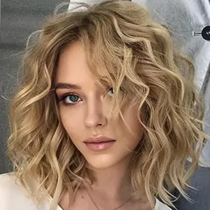 14-inch water wave blonde bob wig - elegant side fringe, heat-resistant synthetic fiber, adjustable rose net cap, breathable, fluffy, soft curls, suitable for summer, travel, parties, comfortable fit, a must-have for beauty enthusiasts