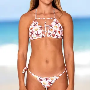 Pearl Bikini Set with Unique Triangle Bikini Top and Cheeky bottom white fabric and seashell details