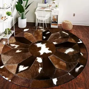 Round Cowhide Pattern Area Rug, Non-slip Washable Rug, Boho Area Rug, Indoor Floor Rug, Decorative Carpet for Home Living Room Bedroom Office, Home Decor, Geometric Pattern Rug, Vintage Boho Rug