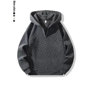 Men’s Autumn/Winter Half-Zip Hoodie with Houndstooth Texture and Wool Lining — Warm, Fashionable Solid Color Sweatshirt in Beige or Black, Casual Long-Sleeve Street Style