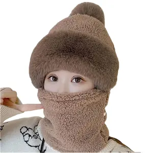 Women Winter Beanie Hats Neck Warmer Cycling Windproof Scarf Hat Balaclavas Mask Set Skull Neck Circle Scarf Ski Snow Hat Cap with Pompom