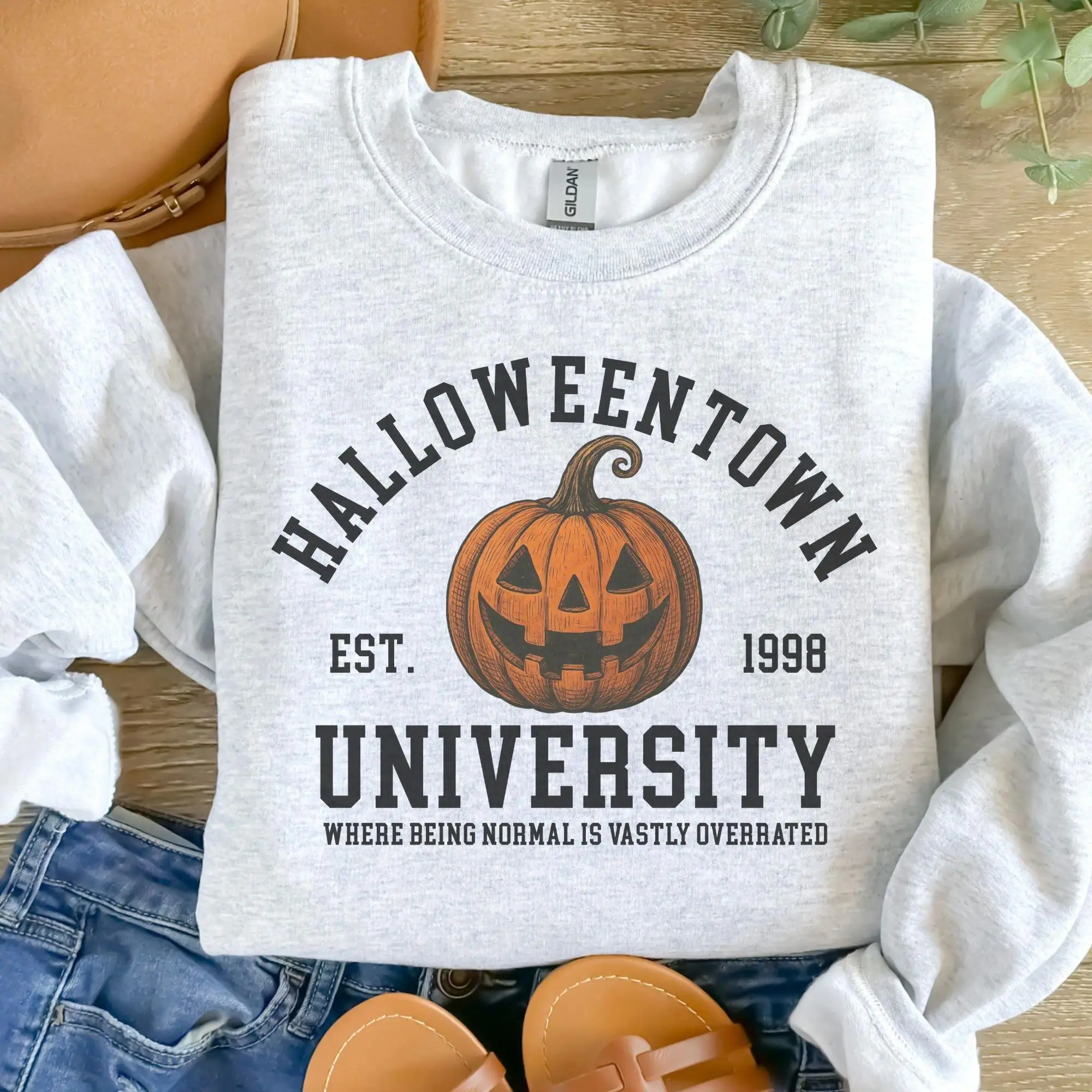 Halloween Town University Pumpkin Graphic Sweatshirt Vintage Spooky Season Crewneck Cute Fall Pullover Casual Unisex Streetwear Cozy Everyday Wear Halloween Gift