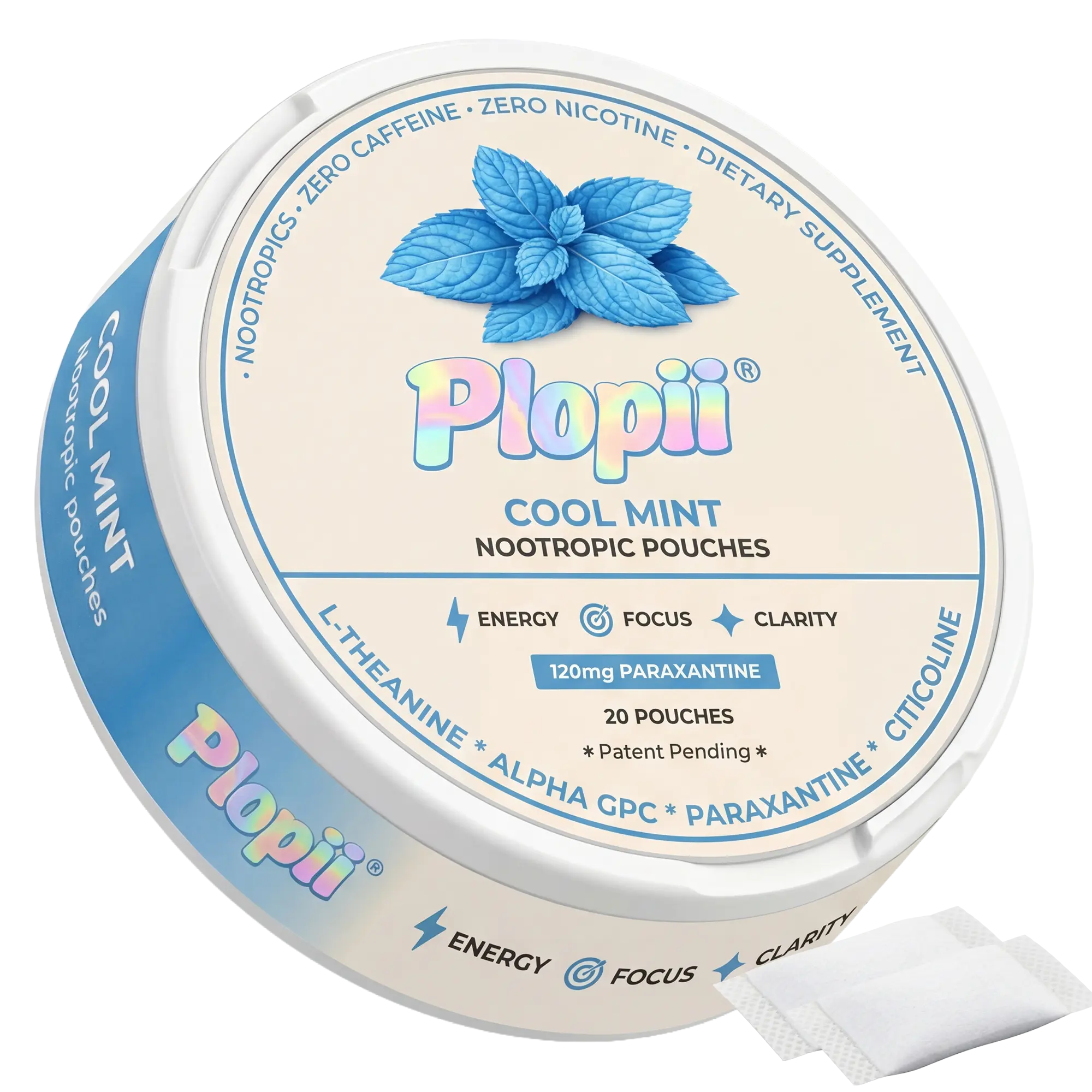 Plopii Focus Nootropic Pouches, 120mg Paraxanthine, Nicotine-Free, Caffeine-Free | Alpha GPC, Citicoline, L-Theanine, Ginseng | Vitamin B6 + B12 | Plant-Based Energy Pouches | Brian Vitamins