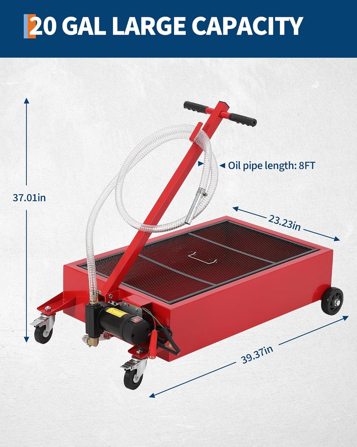 20/25 Gallon Low Profile Oil Drain Pan, Oil Change Pan with 12v Electric Pump, 8FT Hose & Folding Handle Rolling Oil Drain Cart Design for Cars, SUVs, Trucks, Buses, RVs