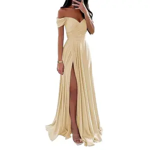 Off Shoulder Bridesmaid Dresses Long Satin High Split Formal Dress for Women Sweetheart Evening Gown