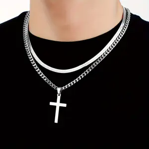1pc Stainless Steel Hip Hop Double Layers Stacking Cross Necklace, Titanium Steel Accessories For Men