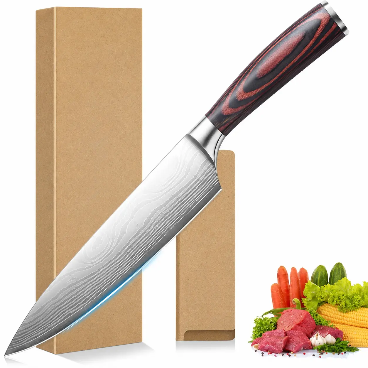 Chef Knife, 8 Inch High Carbon Stainless Steel Sharp Kitchen Knife with Ergonomic Handle, Gift Box for Family & Restaurant Blade Meat Wood