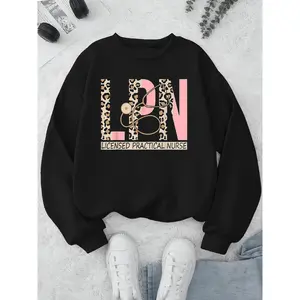 Women's Leopard Print Cotton-Polyester Blend Long-Sleeve Round Neck Fitted Pullover Hoodie - Licensed Practical Nurse Fun Graphic Casual Chic Top