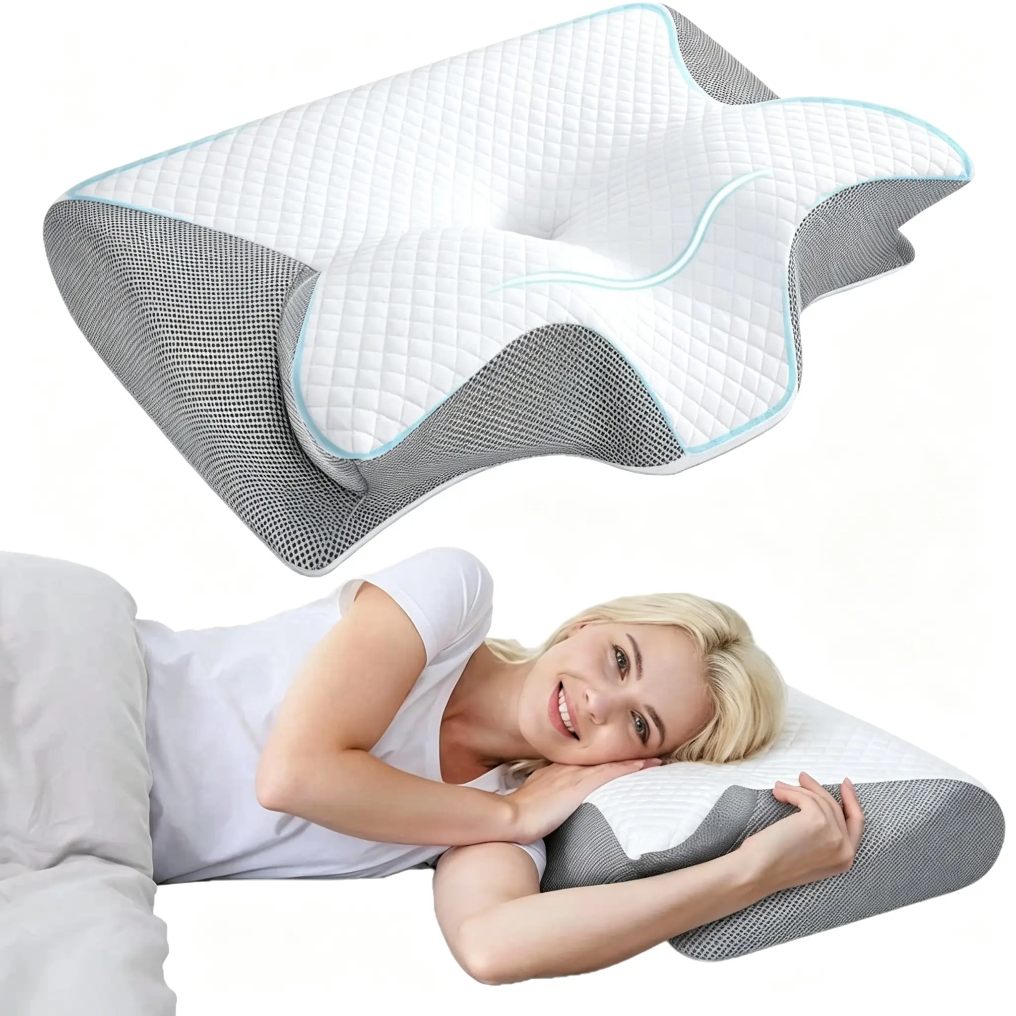 Contoured Memory Foam Butterfly Pillow - Soft, Collapse-Resistant Cervical Support, Neck Rest Cushion with Grid Mesh, Ergonomic for Side/Back Sleepers, Festival Gift, Side And Back Sleeper Neck Pillows