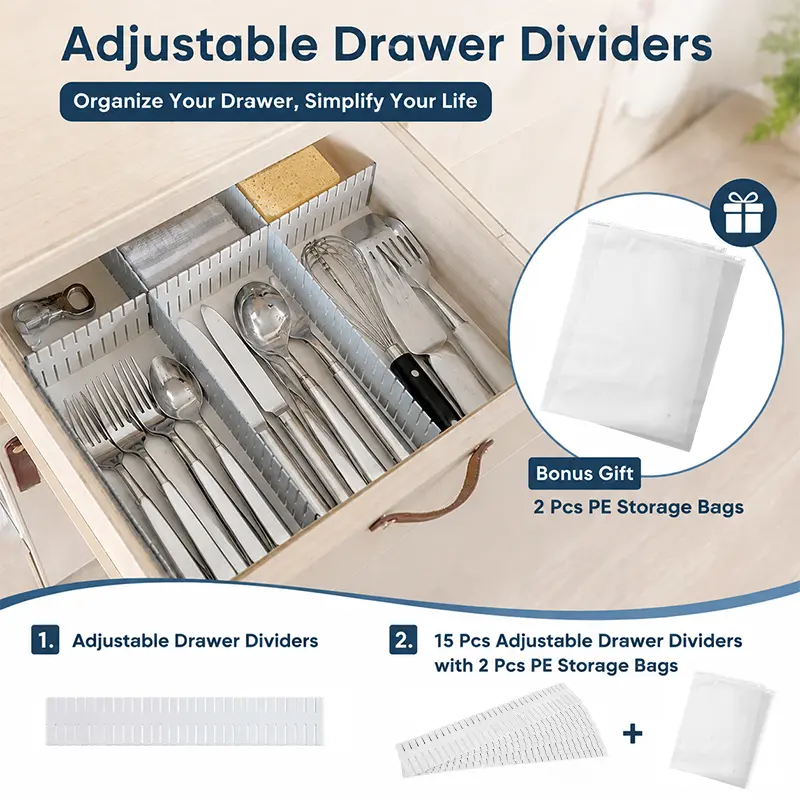 Adjustable Drawer Dividers, White Cut-to-Fit DIY Organizers with 2Pcs PE Storage Bags, 15 Pack  For Tidying Cutlery, Makeup, Clothes and Dresses in Drawers, Desks and Storage Boxes for Kitchen, Bathroom, Bedroom & Office