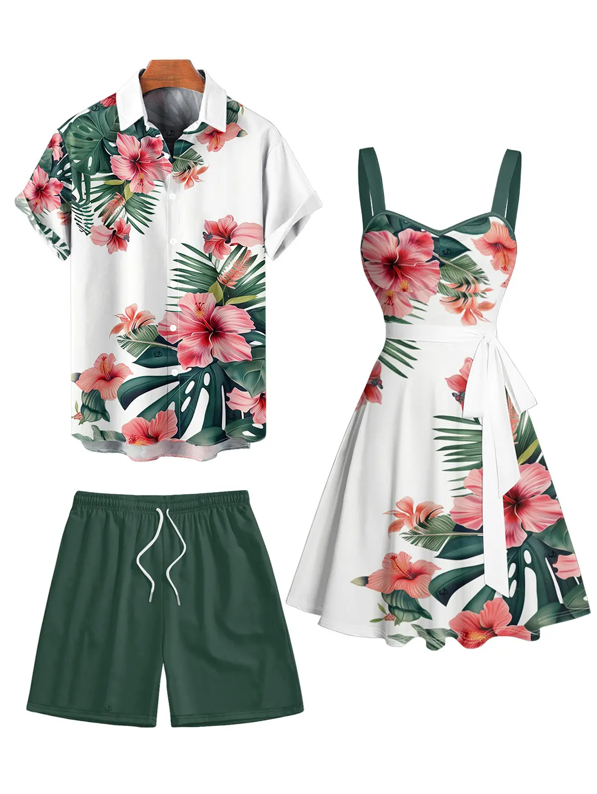 2026 Vacation Couple Outfit Women's Tropical Floral Leaf Pattern Ruched Bust Belted Dress and Men's Roll Up Sleeve Shirt Solid Color Drawstrings Beach Shorts Outfit summerwins