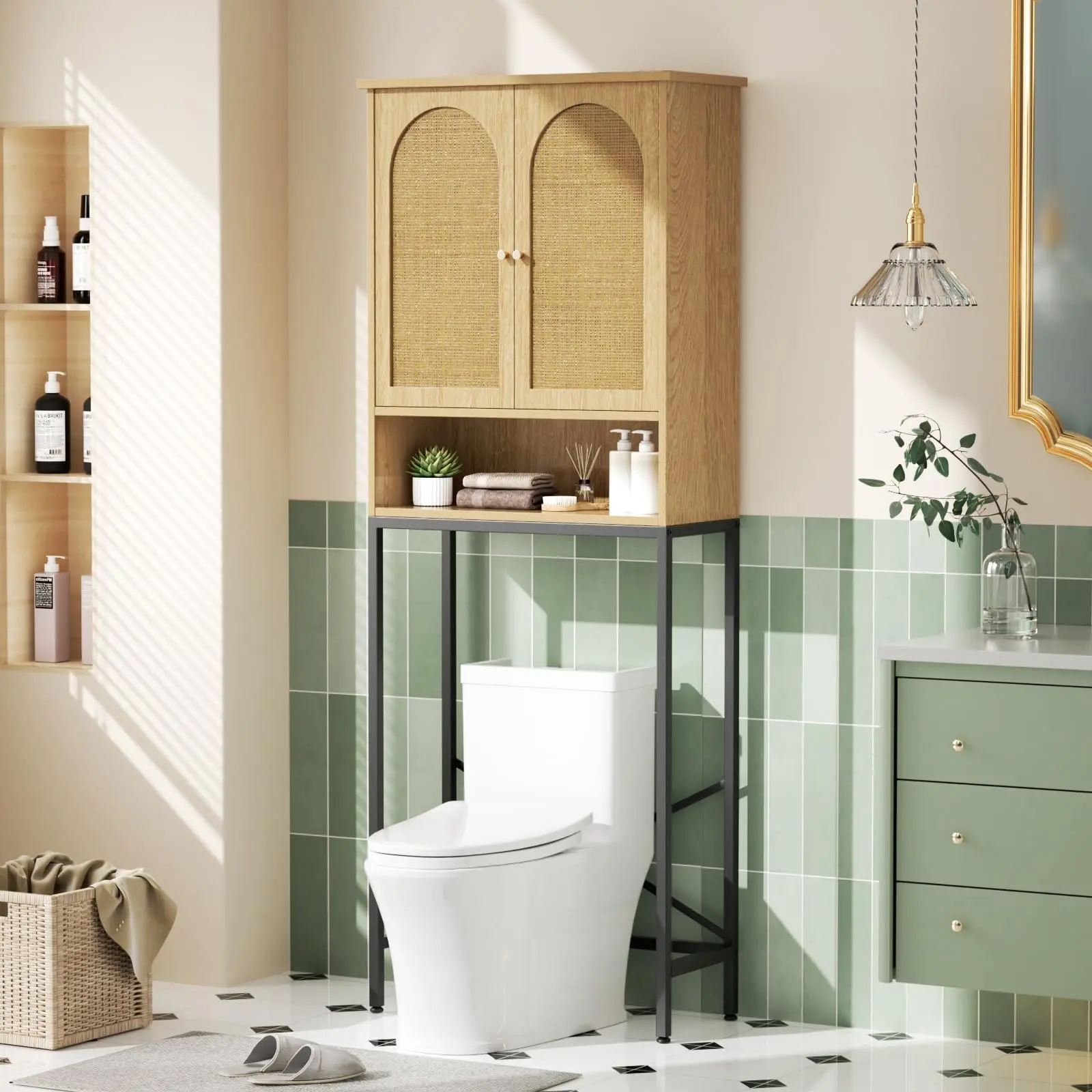 [tiktokshopbacktoschool] Vabches Rattan Toilet Storage Cabinet, Over the Rack Wood Cabinet with Metal Stand, Bathroom Organizer with Adjustable Shelf, Tall Freestanding Washer Shelf, Small Cupboard, Space Saver,dorm essentials,home decor