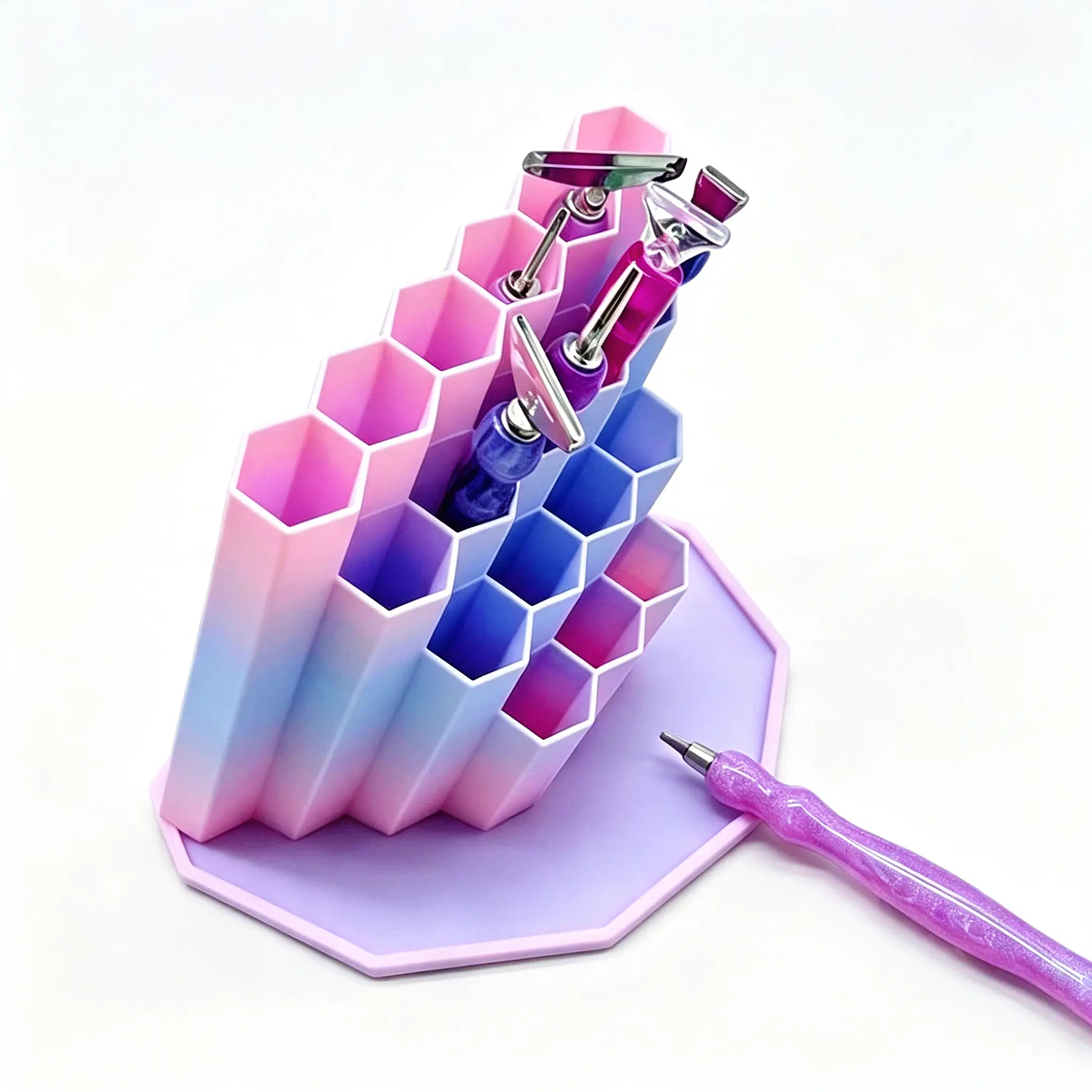 1Pc DIY Diamond Painting Drill Pen Organizer - 3D Printed Plastic Hexagon Rack with Octagonal Base, Multi-Grid Slots, Staggered Holes, Anti-Slip Chassis, Desktop DIY Craft Organizer for Diamond Art Supplies, Craft Tools, Cosmetic Brushes to Avoid Clutter