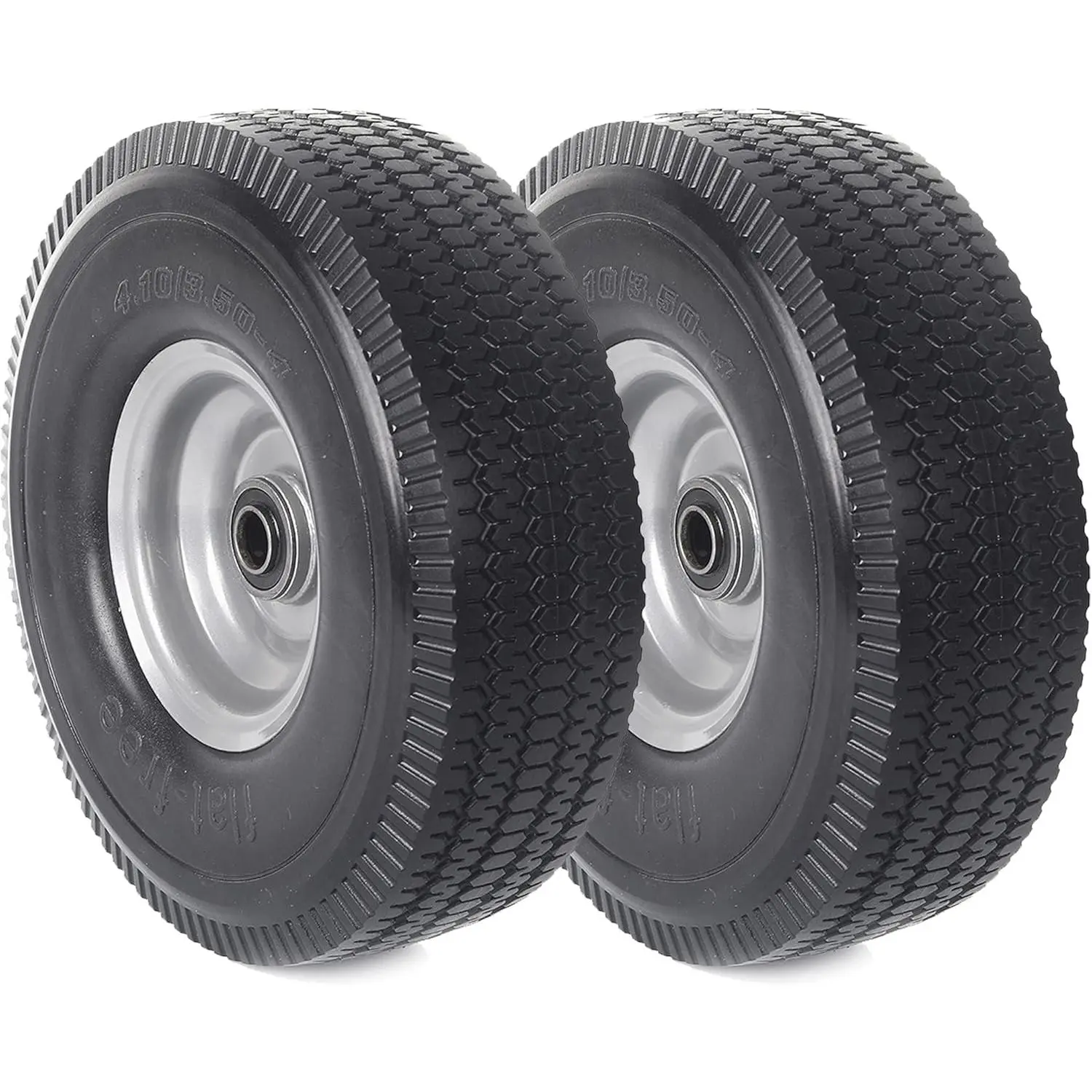 (2-Pack) 10 in Tubeless Puncture-Resistant Rubber Flat-Free Solid Wheel Replacement - 4.10/3.50-4 Tire with 5/8, 3/4, 1/2 in Bearings, 2.2 in Offset Hub, Metal Spacers - Compatible with Wagons, Dollies