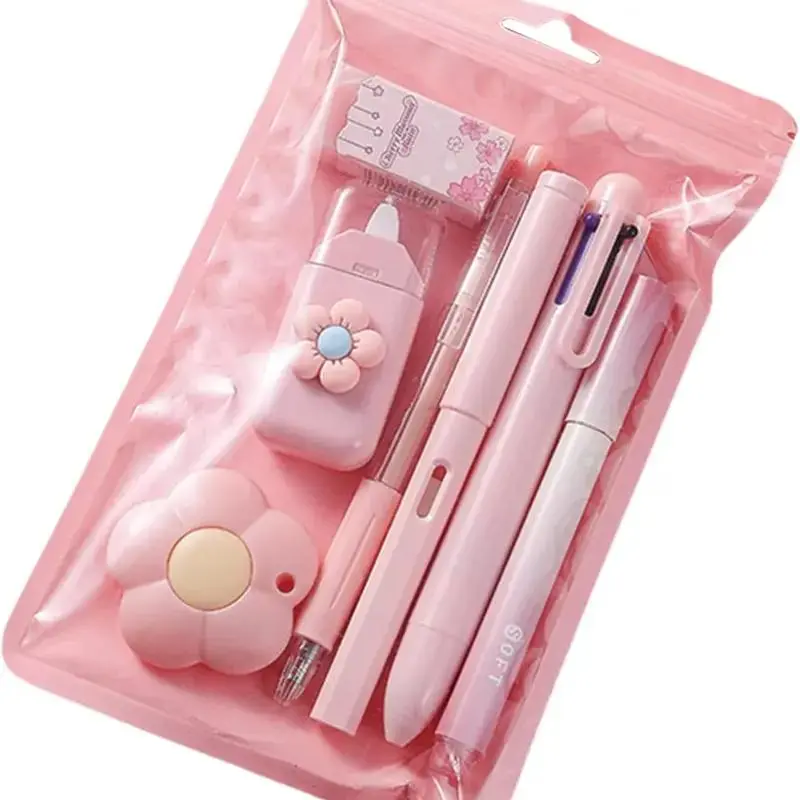 7-Piece Blue Kawaii Office & School Stationery Set - Cute Writing Supplies (Pencil, Highlighter, Eraser, Correction Tape, Utility Knife), Aesthetic Desk Decor, Back to School Gift for Teens