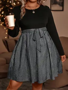Plus Size Colorblock A-Line Dress, Casual Elegant Long Sleeve Adjustable Belted Midi Striped Dress for Spring & Fall, Perfect for Dates, Shopping, Daily, Womenswear
