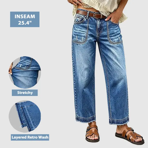Flamingals Wash Ripped Raw Hem Mid Rise Straight Leg Crop Jeans Womenswear Stretchy 25.4" Inseam