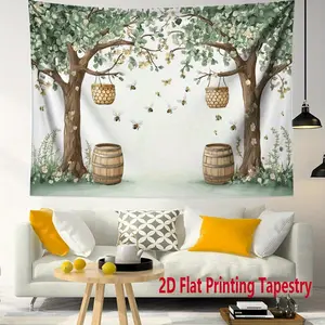 2D Flat, 2D Flat Printing Tapestry, 1pc Festive Party Decor Polyester tapestry, Honeycomb Bees Tapestry, Rustic Tree Pattern Print Tapestry, Wall Hanging for Home, Livingroom Bedroom Garden Office Studio Decor, Creative Gift, 2D Flat
