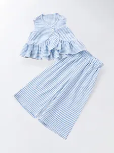 Girls' Summer Striped Two-Piece Set, Ruffled Sleeveless Top and Solid Color Casual Long Pants, Cute Fitted, Baby Girl Clothes