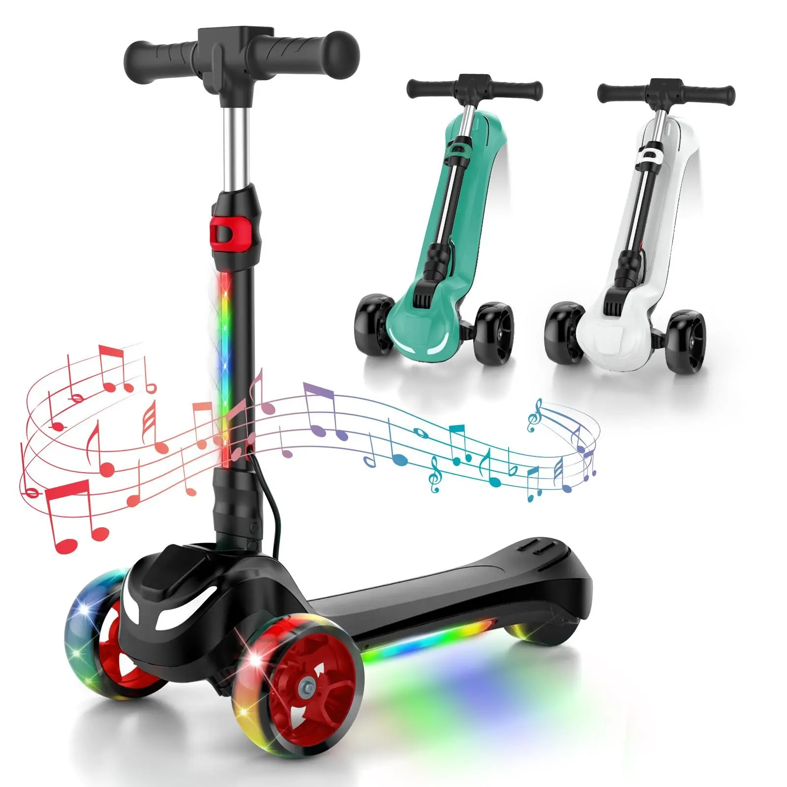 Electric Scooter for Kids Ages 3-12, 3 Adjustable Height Toddler Motorized Scooters, Bluetooth Music Speaker, LED Light 3 Wheels, Thumb Accelerator, Balance Training Scooter for Toddlers,Foldable Scooter for Girls/Boys