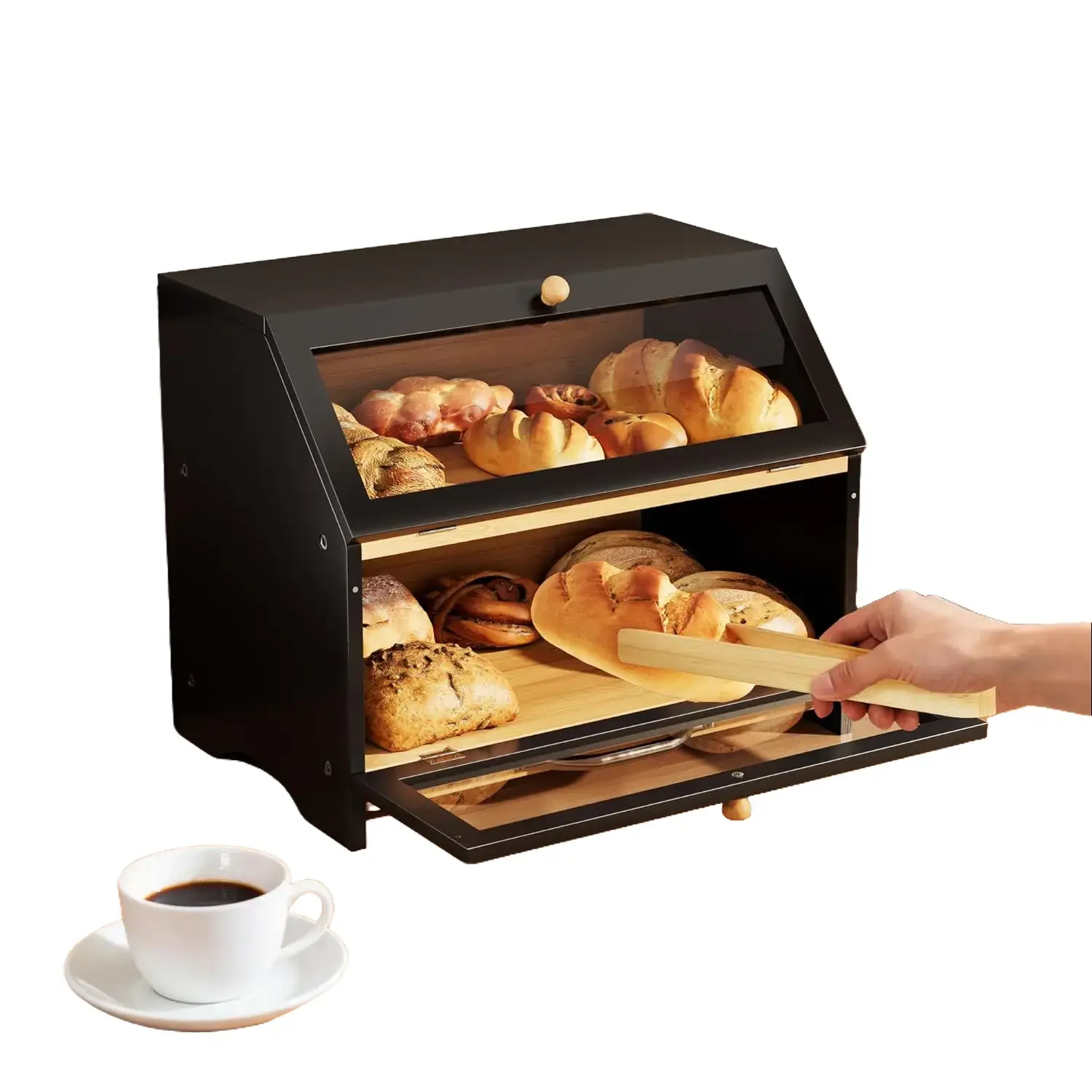 Double Layer Bread Box for Kitchen Countertop, Large Breadbox Bread Container Storage with Acrylic Door, Wooden Farmhouse Bread Holder