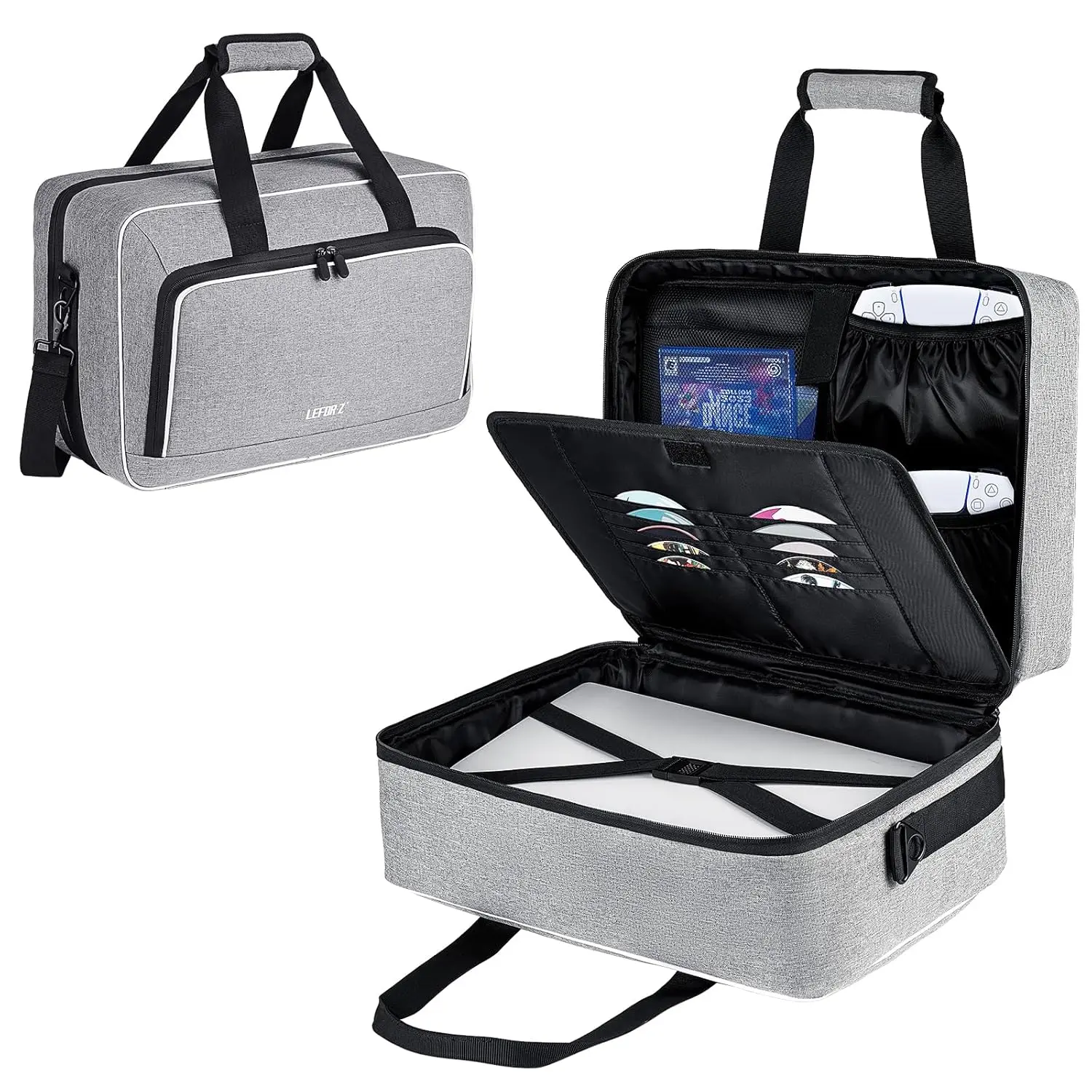 Carrying Case Compatible with PS5/PS4/PS5 Pro,17 Pockets Travel Storage Bag with Thick Padding Compatible with  5/PS5 Digital Edition,Controller, Discs,Charger & Accessories,Grey