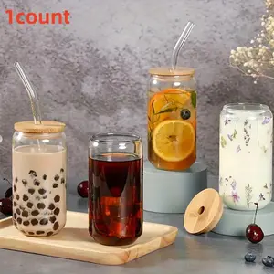 Glass Cups with Lids and Straws, Mason Jar Drinking Glasses, Ice Coffee Cup, Durable Glass Cup, Bamboo Lids, Reusable Straws, Glassware, Perfect for Restaurants and Hotels