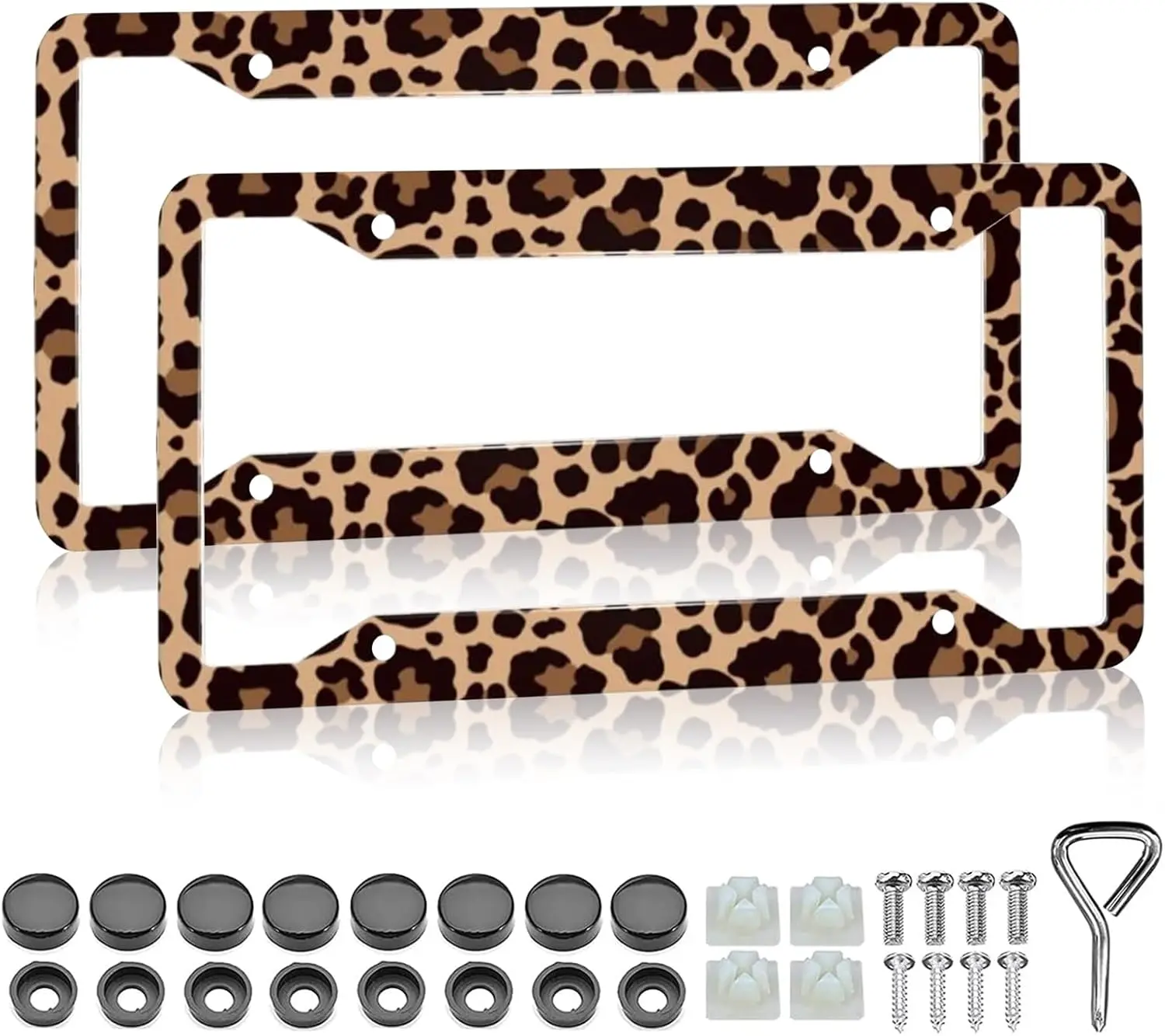 Brown Leopard Print Synthetic License Plate Frame 2-Pack - Car Accessories, Personalized Car Plate Holder Covers, 4-Hole 12x6 in Standard Fit, Replacement Accessory, Includes Bolts
