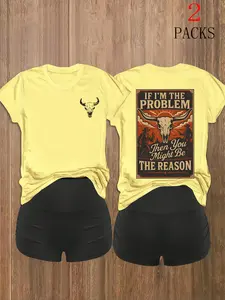 Y2K Campus Western Sweet Cool Back-To-School Set Outfit, Womenswear Short Sleeve Western Cow Print Top, High Waist Ruched Shorts, Spring & Fall Fashion