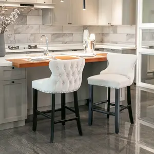 Contemporary Velvet Upholstered Wing-Back Barstools with Button Tufted Decoration Wooden Legs Chrome Nailhead Trim Leisure Style Bar Chairs Set of 2