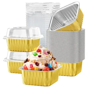 50 Pack 5 OZ Mini Cake Pans with Lids, Disposable Square Aluminum Foil Brownie Baking Cups, Mini Aluminum Foil Cupcake Muffin Tin Ramekins, Flan Molds Cake Containers for Wedding Birthday Party, Gold
