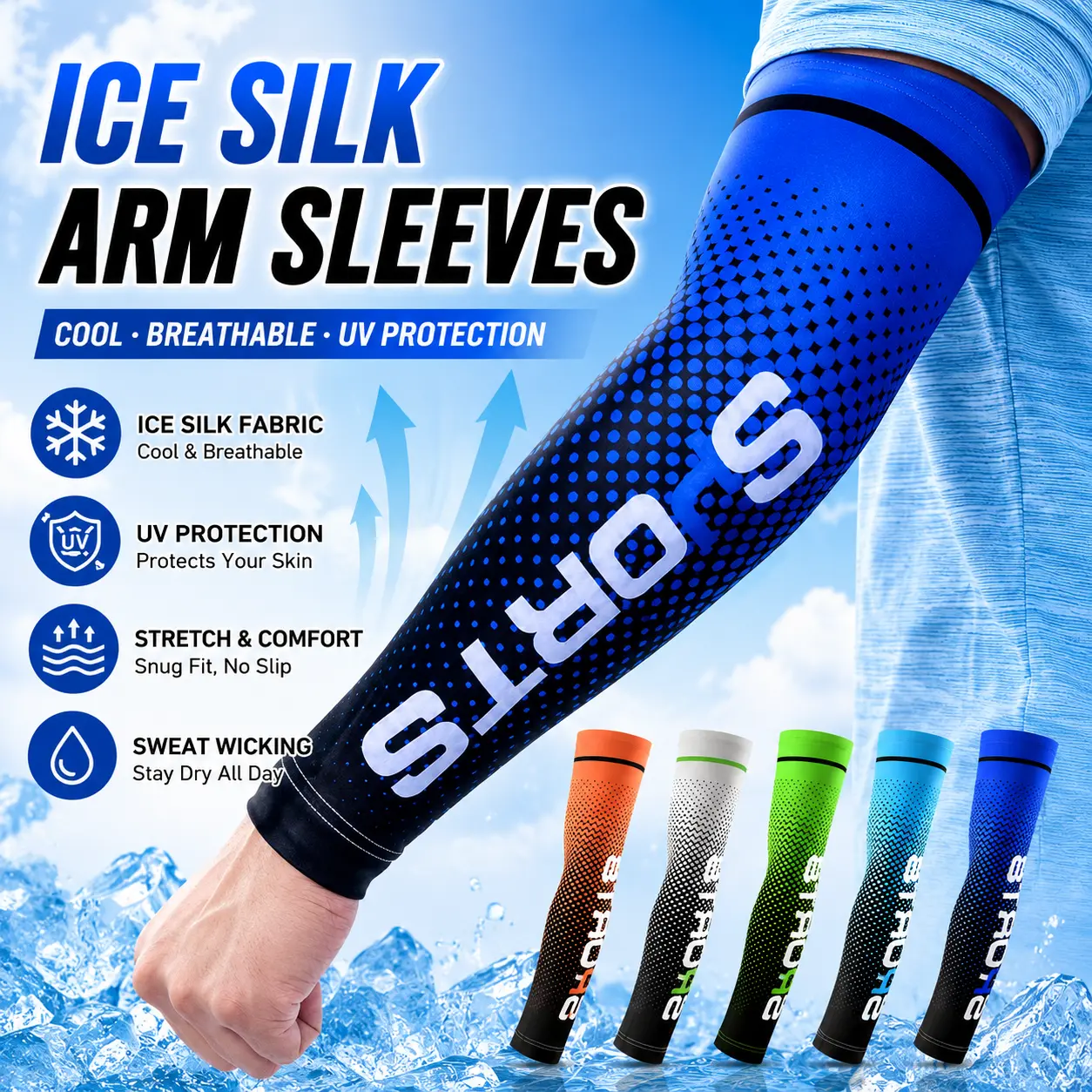 UV Protection Cooling Arm Sleeves, Breathable Ice Silk Compression Sleeves for Cycling, Running, Golf & Outdoor Sports