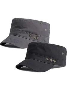 2 Pack Men's Casual Military Caps Cadet Army Caps Vintage Flat Top Cap Flat Bill Hat Fitted Hat
