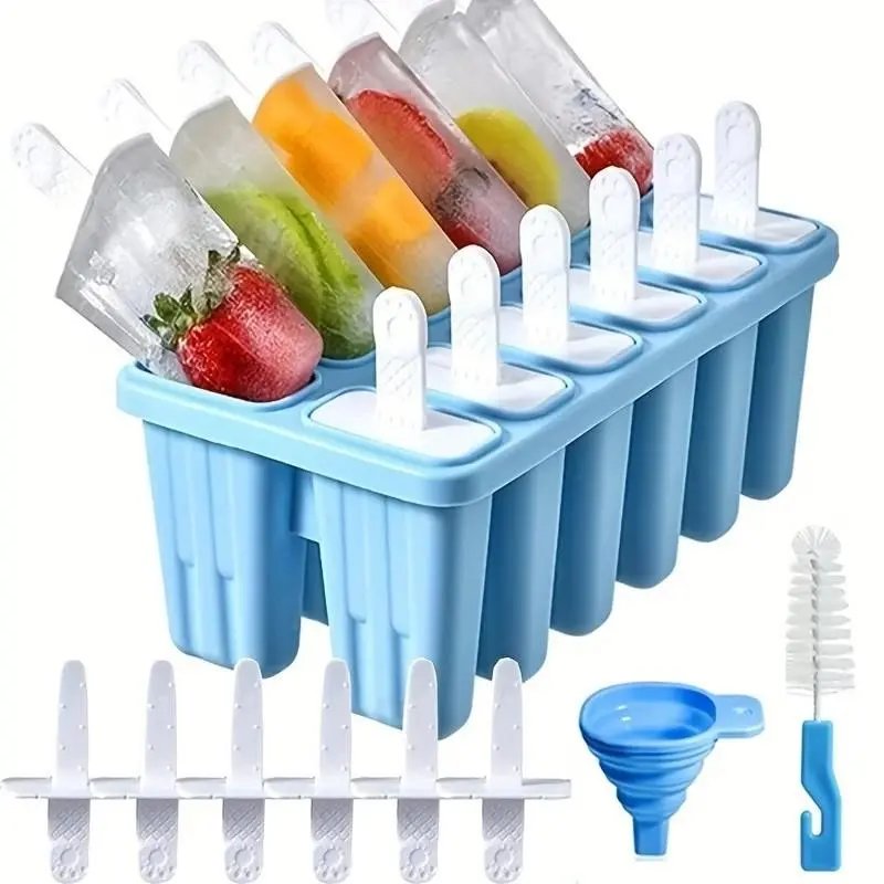 12-Cavity Silicone Popsicle Molds, Easy Release with Reusable Sticks, Funnel & Cleaning Brush, Ideal for Homemade Ice Pops, Fruit Infusions, Party Treats, Kitchen Gadgets, Popsicles Molds