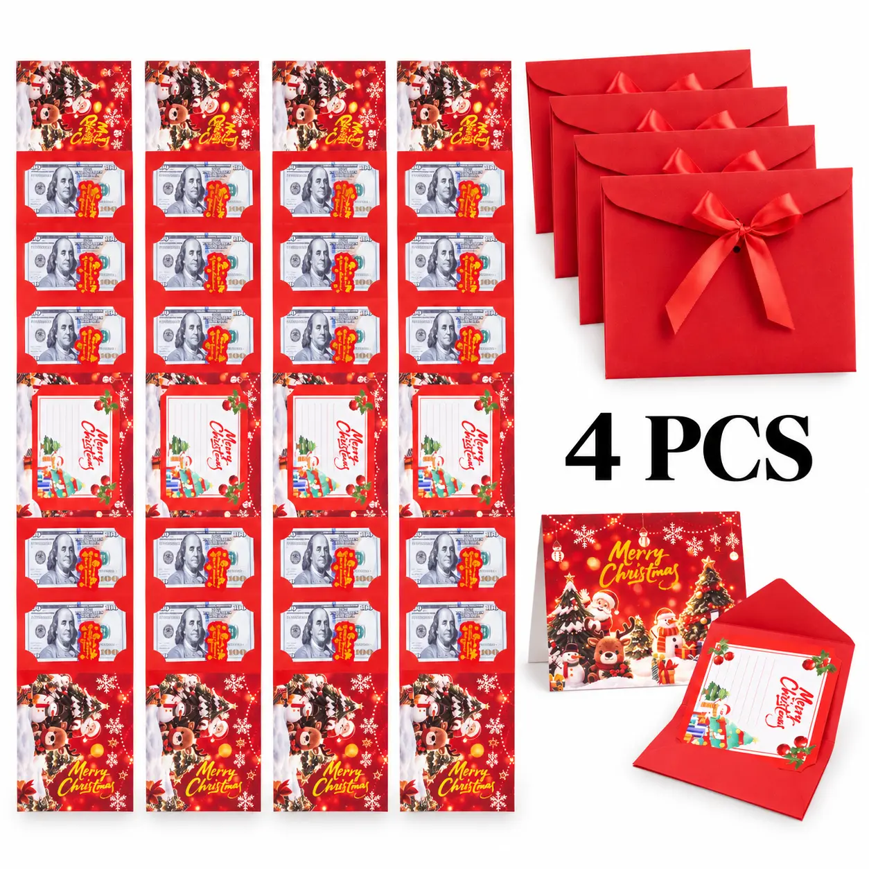 2Pcs/4Pcs Christmas Money Envelope for Cash with Card, Creative Folding Money Holder with 6 Slots, Holiday Cash Gift Card Holder, DIY Money Gift Envelope for Xmas Gifts & Parties