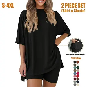 Minimalist 2 Piece Outfits for Women - Smooth & Comfy Relaxed Fit Lounge Set, High Waisted Biker Shorts with Pockets, Plus Size Summer Homewear