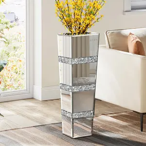 Large Mirrored High Floor Vase 28 Inch Crushed Diamond Floor Vase, Silver Decorative High Vase For Luxury Home Decor Living Room Office Bedroom Kitchen Wedding Centerpiece