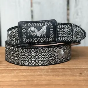 Black and Silver “Gallo” Western Style Belt Made with Genuine Leather and Metallic Thread Embroidery