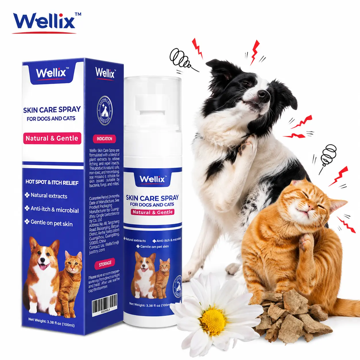 Wellix Hot Spot Spray for Dogs & Cats - Plant-Based Formula, Itch & Skin Relief, 100ml Pet Dander Remover Grooming Deodorizing Spray