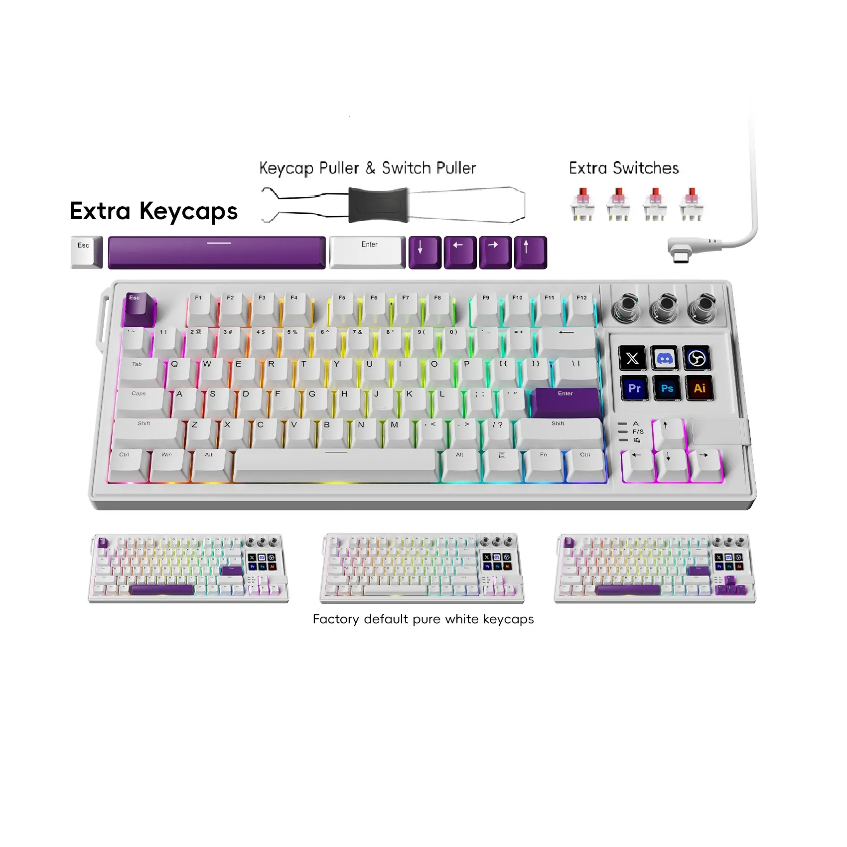 MiraBox K1 Pro 87-Key RGB Mechanical AI Keyboard - Programmable Stream Controller with 7 LCD Keys, 3 Custom Knobs, 1×USB-C to USB-A Cable, 1×Quick Start Guide, 100+ Icon Libraries for Streamers, Content Creators, Gaming | Windows/macOS, Rgb Wired Keyboard