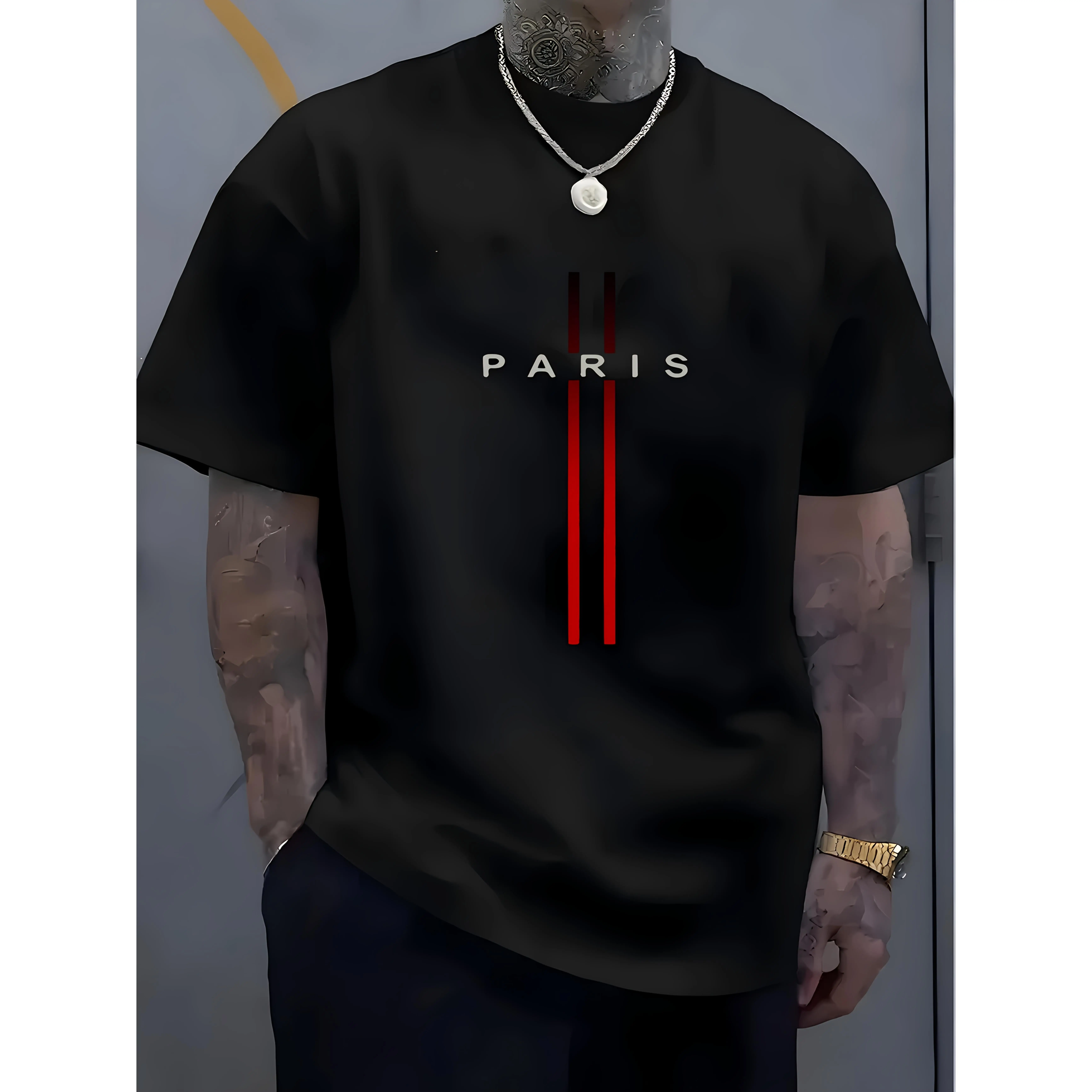 Men’s Paris Graphic Print Cotton T-Shirt – Soft Round Neck, Slightly Stretchy Street Style, Breathable All-Season Casual Tee, Machine Washable Regular Fit