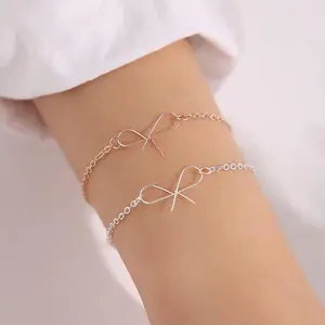 2PCS Minimalist Bow Bracelet Set - Sparkle Silver & Rose Gold Adjustable Chain Jewelry with Gift Card Perfect Cute Dainty Birthday or Valentine's Day Gift for Women, Girls, Wife, Daughter, Girlfriend