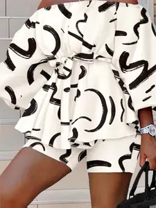 Women's Vacation Fitted Casual Set, Print Off-Shoulder Top & High Waist Shorts, Perfect for Holiday & Daily Wear, Outfit