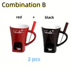 2-Pack 150ML/5OZ Ceramic Fondue Cups with Forks - Chocolate/Cheese/Ice Cream Melting Mugs, Drinkware, Candle-Heatable, Ideal Valentine's Day Gifts