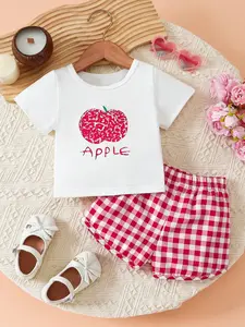 Girls Apple Print T-Shirt & Plaid Shorts Set, Cute Fruit Pattern Round Neck Short Sleeve, Soft Skin-Friendly Summer
